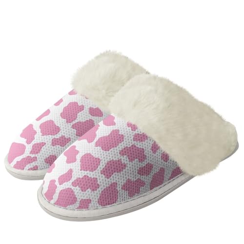 COEQINE Flauschige Hausschuhe für Damen, Kawaii-Tierdruck, Winterschuhe, superweich mit rutschfester Sohle, Rosa, Herz-Rosa Kuh-Aufdruck, 44/46 EU von COEQINE