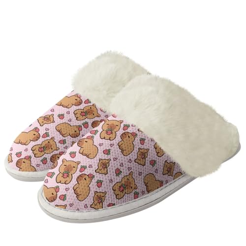 COEQINE Flauschige Hausschuhe für Damen, Kawaii-Tierdruck, Winterschuhe, superweich mit rutschfester Sohle, Rosa, Kawaii Pink Capybara, 37/38 EU von COEQINE