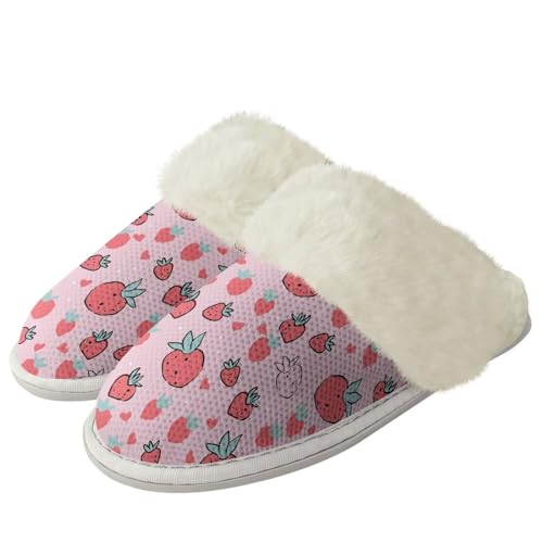 COEQINE Flauschige Hausschuhe für Damen, Kawaii-Tierdruck, Winterschuhe, superweich mit rutschfester Sohle, Rosa, Strawberry Little Pink, 12/12.5 UK Narrow von COEQINE