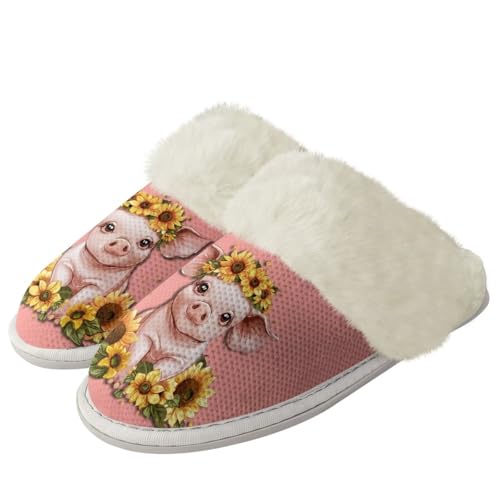 COEQINE Flauschige Hausschuhe für Damen, Kawaii-Tierdruck, Winterschuhe, superweich mit rutschfester Sohle, Rosa, Süße Schweinchen-Sonnenblume, rosa, 39/40 EU von COEQINE