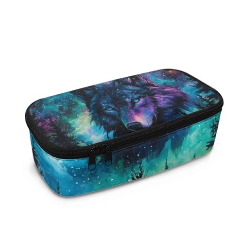 COEQINE Galaxy Wolf Federmäppchen für Jungen, großes Fassungsvermögen, großes Federmäppchen, tragbar, Büro, Schreibwaren, Münzfach mit Reißverschluss für den Schreibtisch von COEQINE