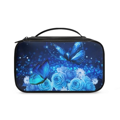 COEQINE Goldener Schlüsselanhänger Lippenstift-Halter Frauen Kunst Make-up Pinsel Etui mit Griffen Make-up Pinsel Etui Reise, Blauer Schmetterling mit Blumen, Kulturbeutel von COEQINE