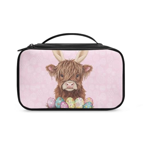 COEQINE Goldener Schlüsselanhänger Lippenstift-Halter Frauen Kunst Make-up Pinsel Etui mit Griffen Make-up Pinsel Etui Reise, Highland Cow Eggs Easter, Kulturbeutel von COEQINE