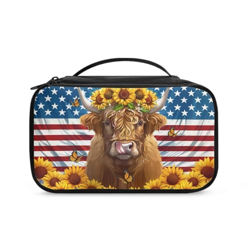 COEQINE Goth Kosmetiktasche für Damen, große Make-up-Tasche, Doppelreißverschlusstasche für Reisen, Kosmetik-Organizer mit Fach, Amerikanische Flagge, Kuhmilch, Sonnenblume, Kulturbeutel von COEQINE