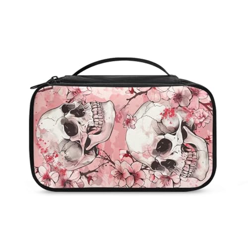 COEQINE Goth Kosmetiktasche für Damen, große Make-up-Tasche, Doppelreißverschlusstasche für Reisen, Kosmetik-Organizer mit Fach, Gothic-Totenkopf, rosa Blumenmuster, Kulturbeutel von COEQINE