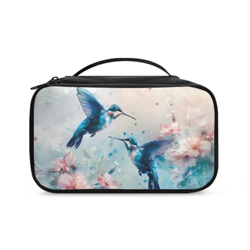 COEQINE Goth Kosmetiktasche für Damen, große Make-up-Tasche, Doppelreißverschlusstasche für Reisen, Kosmetik-Organizer mit Fach, Kolibris mit Blumenmuster, Kulturbeutel von COEQINE