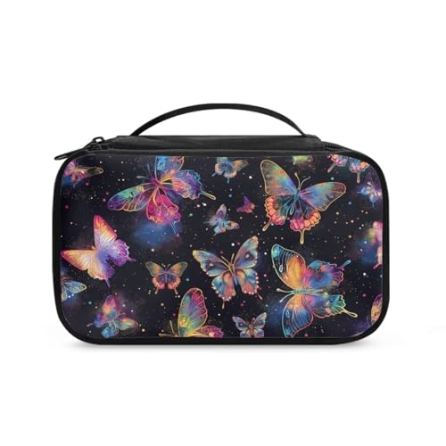 COEQINE Goth Kosmetiktasche für Damen, große Make-up-Tasche, Doppelreißverschlusstasche für Reisen, Kosmetik-Organizer mit Fach, Neon Butterfly Schwarz, Kulturbeutel von COEQINE