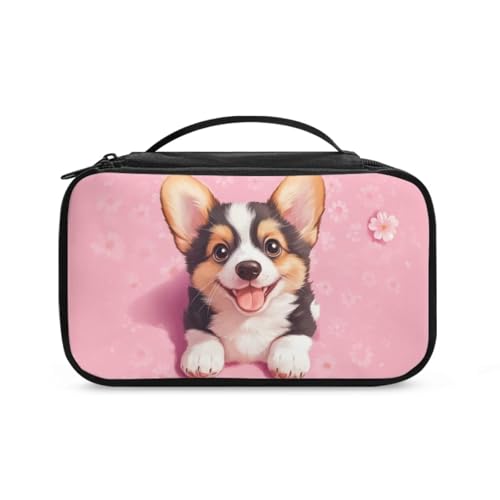 COEQINE Goth Kosmetiktasche für Damen, große Make-up-Tasche, Doppelreißverschlusstasche für Reisen, Kosmetik-Organizer mit Fach, Niedlicher Corgi-Hund, Rosa, Kulturbeutel von COEQINE