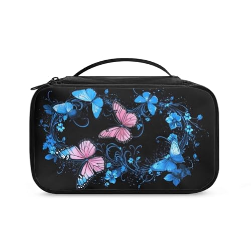 COEQINE Goth Kosmetiktasche für Damen, große Make-up-Tasche, Doppelreißverschlusstasche für Reisen, Kosmetik-Organizer mit Fach, Rosa / Blau mit Schmetterlings-Blumen, Kulturbeutel von COEQINE