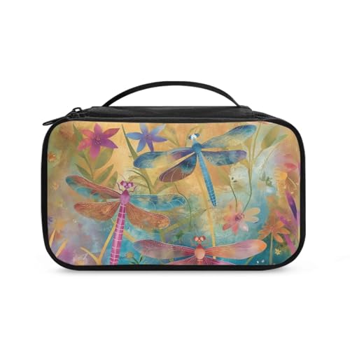 COEQINE Goth Kosmetiktasche für Damen, große Make-up-Tasche, Doppelreißverschlusstasche für Reisen, Kosmetik-Organizer mit Fach, Vintage Libelle, Kulturbeutel von COEQINE