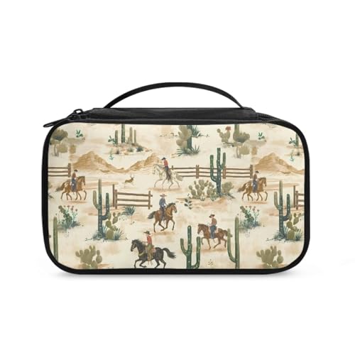 COEQINE Goth Kosmetiktasche für Damen, große Make-up-Tasche, Doppelreißverschlusstasche für Reisen, Kosmetik-Organizer mit Fach, Western Race Horse Kaktus, Kulturbeutel von COEQINE