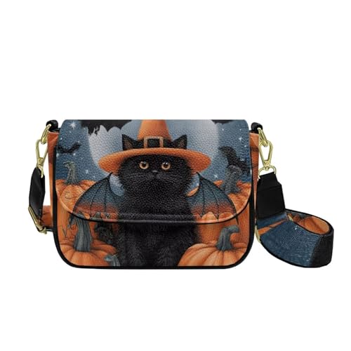 COEQINE Goth Pumpkin Crossbody Bag für Damen, kleine Geldbörse mit verstellbarem Schultergurt, kleine Lederhandtasche, Black Cat Pumpkin Bat von COEQINE