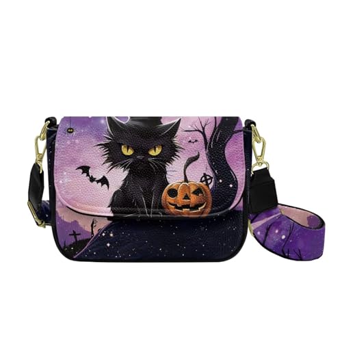 COEQINE Goth Pumpkin Crossbody Bag für Damen, kleine Geldbörse mit verstellbarem Schultergurt, kleine Lederhandtasche, Black Cat Pumpkin Purple von COEQINE