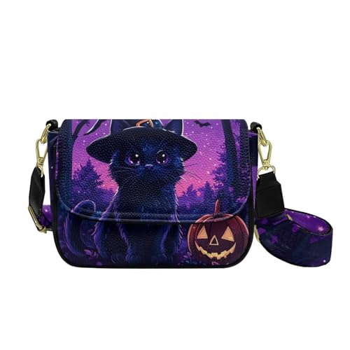 COEQINE Goth Pumpkin Crossbody Bag für Damen, kleine Geldbörse mit verstellbarem Schultergurt, kleine Lederhandtasche, Black Cat Pumpkin von COEQINE