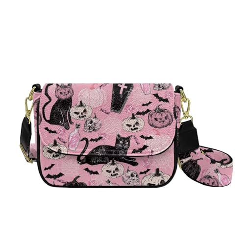 COEQINE Goth Pumpkin Crossbody Bag für Damen, kleine Geldbörse mit verstellbarem Schultergurt, kleine Lederhandtasche, Katze, Kürbis, Rosa von COEQINE