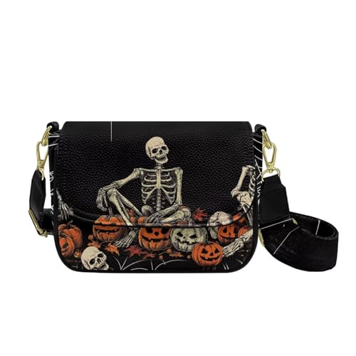 COEQINE Goth Pumpkin Crossbody Bag für Damen, kleine Geldbörse mit verstellbarem Schultergurt, kleine Lederhandtasche, Totenkopf-Kürbis von COEQINE