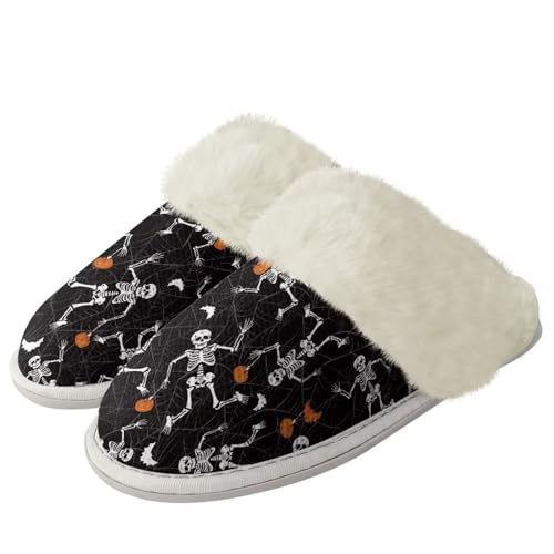 COEQINE Halloween-Hausschuhe für Damen, Hausschuhe, rutschfest, warm, flauschig, Goth Dance Totenkopf schwarz, 44/46 EU von COEQINE