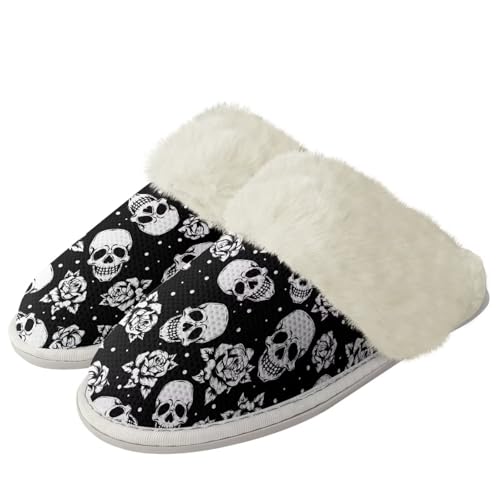 COEQINE Halloween-Hausschuhe für Damen, Hausschuhe, rutschfest, warm, flauschig, Goth Skull Rose Floral Black, 12/12.5 UK Narrow COEQINE Halloween-Hausschuhe für Damen, Hausschuhe, rutschfest, warm, flauschig, Goth Skull Rose Floral Black, 12/12.5 UK Narrow von COEQINE