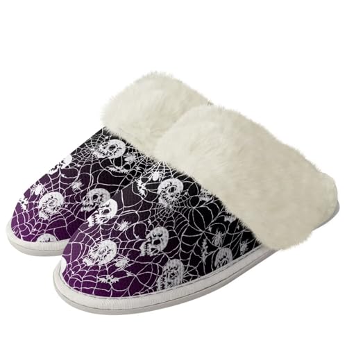 COEQINE Halloween-Hausschuhe für Damen, Hausschuhe, rutschfest, warm, flauschig, Gothic-Totenkopf-Violett, 41/43 EU von COEQINE