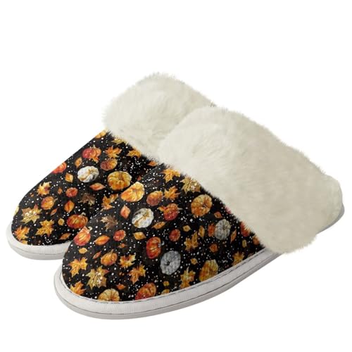 COEQINE Halloween-Hausschuhe für Damen, Hausschuhe, rutschfest, warm, flauschig, Herbst-Kürbis-Ahornblatt, 41/43 EU von COEQINE