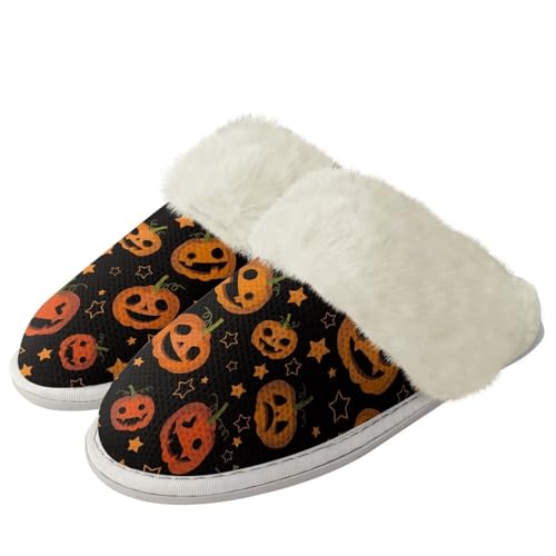 COEQINE Halloween-Hausschuhe für Damen, Hausschuhe, rutschfest, warm, flauschig, Pumpkin Black, 44/46 EU von COEQINE