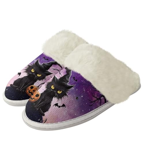 COEQINE Halloween-Hausschuhe für Damen, Hausschuhe, rutschfest, warm, flauschig, Schwarzer Katzenkürbis, 37/38 EU von COEQINE