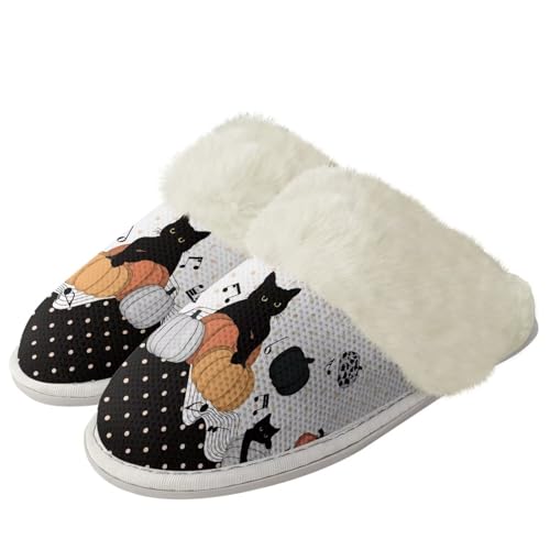 COEQINE Halloween-Hausschuhe für Damen, Hausschuhe, rutschfest, warm, flauschig, Süßer Katzenkürbis, 39/40 EU von COEQINE