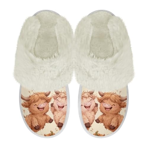 COEQINE Hausschuhe aus Memory-Schaum, breite Passform, Kawaii-Schweinchen, rosa bedruckt, rutschfeste Schlafzimmerschuhe, Fall Highland Cow Beige, 37/38 EU von COEQINE
