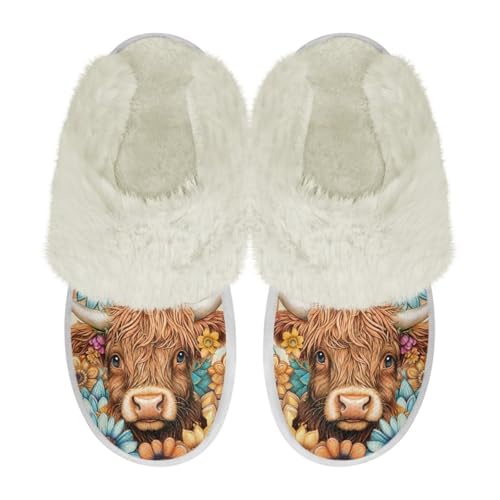 COEQINE Hausschuhe aus Memory-Schaum, breite Passform, Kawaii-Schweinchen, rosa bedruckt, rutschfeste Schlafzimmerschuhe, Highland Cow Hippie Blumendruck, 37/38 EU von COEQINE