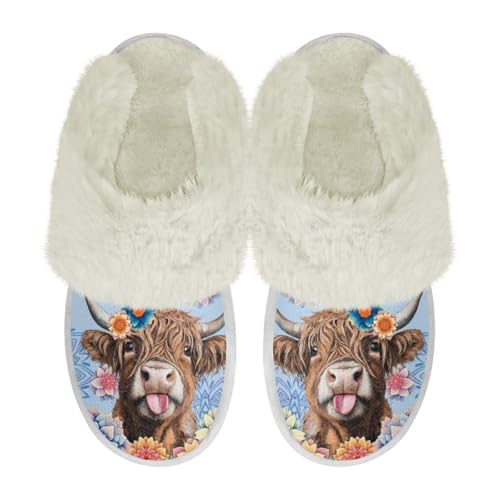 COEQINE Hausschuhe aus Memory-Schaum, breite Passform, Kawaii-Schweinchen, rosa bedruckt, rutschfeste Schlafzimmerschuhe, Hochlandkuh mit Blumenmuster, Blau, 37/38 EU COEQINE Hausschuhe aus Memory-Schaum, breite Passform, Kawaii-Schweinchen, rosa bedruckt, rutschfeste Schlafzimmerschuhe, Hochlandkuh mit Blumenmuster, Blau, 37/38 EU von COEQINE