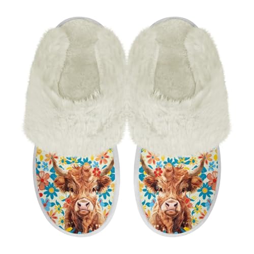 COEQINE Hausschuhe aus Memory-Schaum, breite Passform, Kawaii-Schweinchen, rosa bedruckt, rutschfeste Schlafzimmerschuhe, Niedliches Hochlandrind-Blumenmuster, 39/40 EU von COEQINE