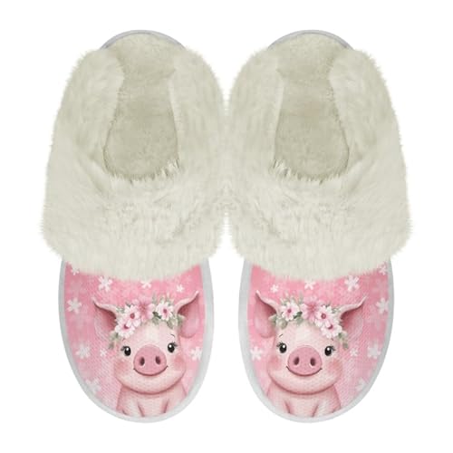 COEQINE Hausschuhe aus Memory-Schaum, breite Passform, Kawaii-Schweinchen, rosa bedruckt, rutschfeste Schlafzimmerschuhe, Rosa Schweinekopf mit Blumenmuster, 39/40 EU von COEQINE