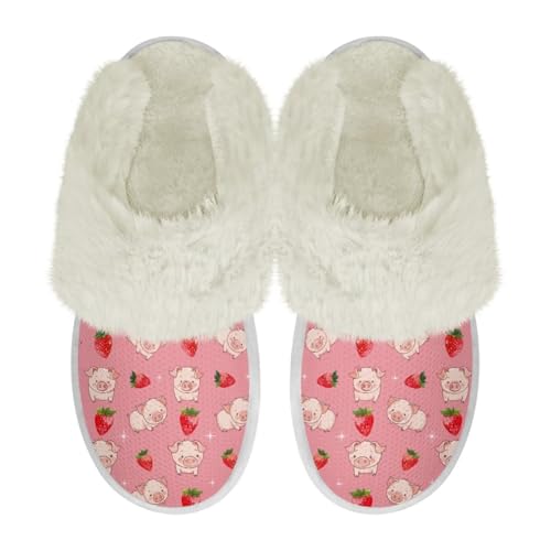 COEQINE Hausschuhe aus Memory-Schaum, breite Passform, Kawaii-Schweinchen, rosa bedruckt, rutschfeste Schlafzimmerschuhe, Strawberry Pink Pig, 44/46 EU von COEQINE