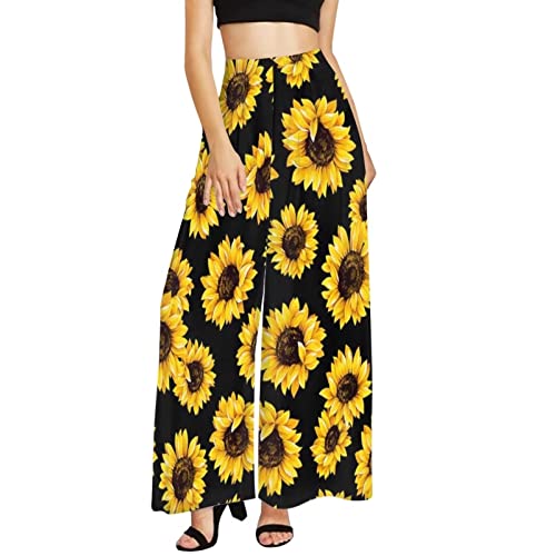 COEQINE Hawaii-Stil Hose mit weitem Bein, Damen, leicht, Übergröße, lockere Knöchellänge, Urlaubshose, XS-6XL, Sonnenblume Schwarz, XXXXXXL von COEQINE