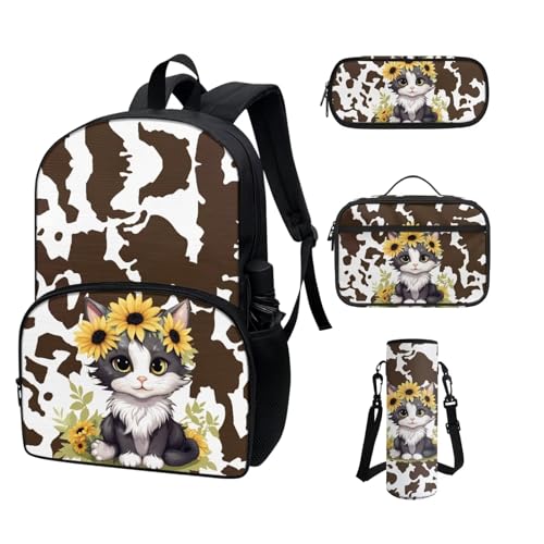 COEQINE Kawaii Rucksack für Schule, Teenager, Mädchen, High School, Büchertasche mit Wasserflaschentasche, Lunchbox, Federmäppchen, 4 Stück, Katzen Sonnenblume Kawaii von COEQINE