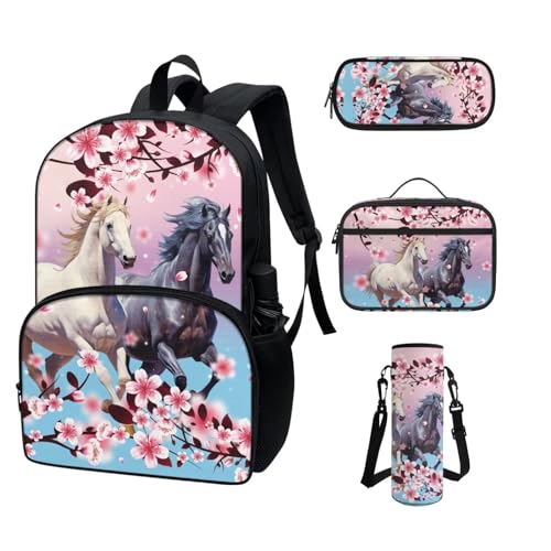 COEQINE Kawaii Rucksack für Schule, Teenager, Mädchen, High School, Büchertasche mit Wasserflaschentasche, Lunchbox, Federmäppchen, 4 Stück, Kirschblütenpferd Cool Animal von COEQINE