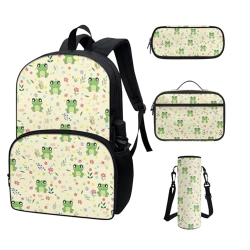 COEQINE Kawaii Rucksack für Schule, Teenager, Mädchen, High School, Büchertasche mit Wasserflaschentasche, Lunchbox, Federmäppchen, 4 Stück, Niedliches Froschtier Kawaii von COEQINE