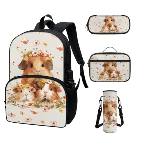 COEQINE Kawaii Rucksack für Schule, Teenager, Mädchen, High School, Büchertasche mit Wasserflaschentasche, Lunchbox, Federmäppchen, 4 Stück, Niedliches gewelltes Tier, Boho-Blumen von COEQINE