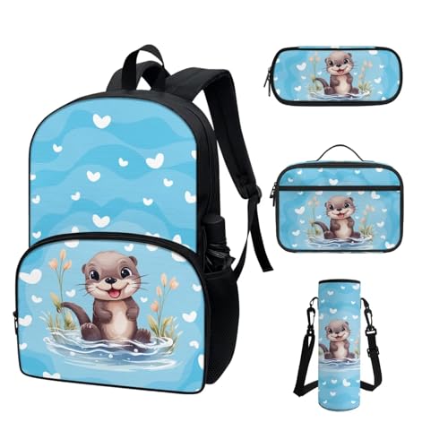 COEQINE Kawaii Rucksack für Schule, Teenager, Mädchen, High School, Büchertasche mit Wasserflaschentasche, Lunchbox, Federmäppchen, 4 Stück, Otter süßes blaues Herz von COEQINE