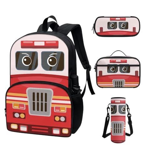 COEQINE Kawaii Rucksack für Schule, Teenager, Mädchen, High School, Büchertasche mit Wasserflaschentasche, Lunchbox, Federmäppchen, 4 Stück, Red Truck Cartoon 3D Cars von COEQINE