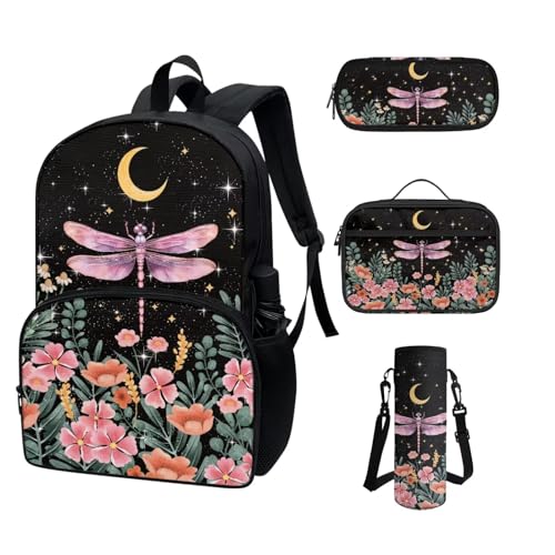 COEQINE Kawaii Rucksack für Schule, Teenager, Mädchen, High School, Büchertasche mit Wasserflaschentasche, Lunchbox, Federmäppchen, 4 Stück, Rosa Libelle, Mond, Blumen von COEQINE