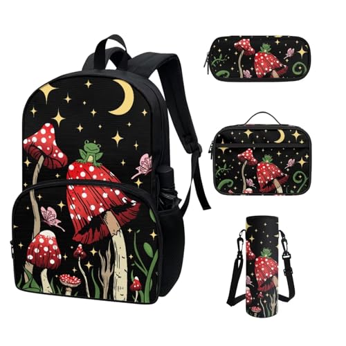 COEQINE Kawaii Rucksack für Schule, Teenager, Mädchen, High School, Büchertasche mit Wasserflaschentasche, Lunchbox, Federmäppchen, 4 Stück, Roter Pilz, niedlicher Frosch, Mond, schwarz von COEQINE