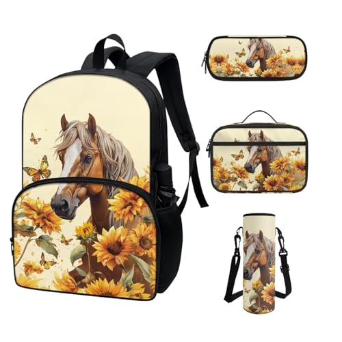 COEQINE Kawaii Rucksack für Schule, Teenager, Mädchen, High School, Büchertasche mit Wasserflaschentasche, Lunchbox, Federmäppchen, 4 Stück, Sonnenblumenschlauch, Beige / Gelb von COEQINE