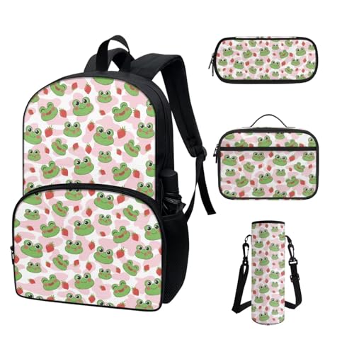 COEQINE Kawaii Rucksack für Schule, Teenager, Mädchen, High School, Büchertasche mit Wasserflaschentasche, Lunchbox, Federmäppchen, 4 Stück, Süßer Frosch, Erdbeere, rosa Kuhdruck von COEQINE