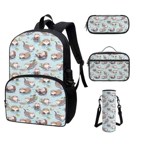 COEQINE Kawaii Rucksack für Schule, Teenager, Mädchen, High School, Büchertasche mit Wasserflaschentasche, Lunchbox, Federmäppchen, 4 Stück, otter von COEQINE