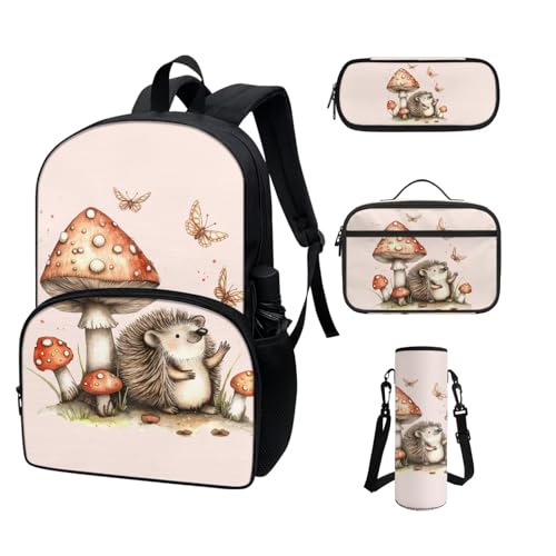 COEQINE Kawaii Rucksack für die Schule, 4 Stück, Teenager, Mädchen, High School, Büchertasche mit Wasserflaschentasche, Lunchbox, Federmäppchen, Roter Pilz, niedliches Tier von COEQINE