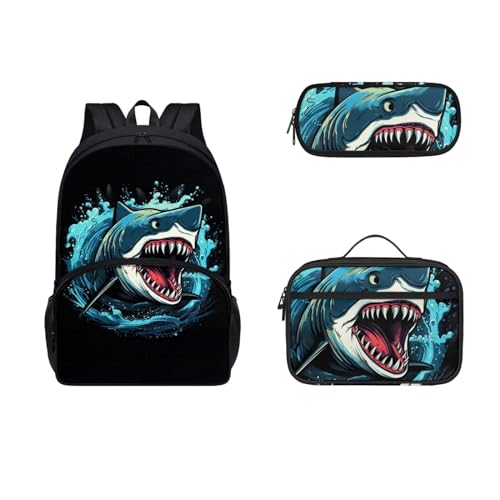 COEQINE Kinder-Rucksack-Set für Jungen, 43,2 cm, Tier-Büchertasche, langlebig, großes Fassungsvermögen, Federmäppchen, Lunchbox mit Griffen, 2D-Hai-Tierdruck, cool von COEQINE