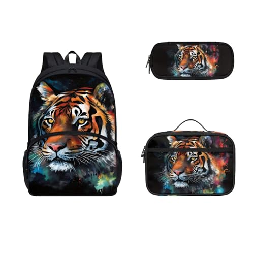 COEQINE Kinder-Rucksack-Set für Jungen, 43,2 cm, Tier-Büchertasche, langlebig, großes Fassungsvermögen, Federmäppchen, Lunchbox mit Griffen, Cooler Tiger-Druck von COEQINE