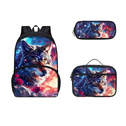 COEQINE Kinder-Rucksack-Set für Jungen, 43,2 cm, Tier-Büchertasche, langlebig, großes Fassungsvermögen, Federmäppchen, Lunchbox mit Griffen, Wolfssterne, Blumenmuster von COEQINE