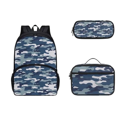 COEQINE Kinder-Rucksack-Set für Jungen, 43,2 cm, Tier-Büchertasche, langlebig, großes Fassungsvermögen, Federmäppchen, Lunchbox mit Griffen, blau camouflage von COEQINE